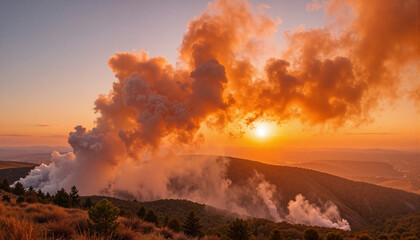 Fototapeta premium Dramatic sunset with smoke clouds over mountains, natural beauty