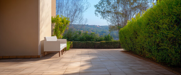 Outdoor seating area with view of nature in a calm and serene environment