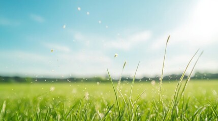 grassy meadow under bright blue sky with pollen visibly swirling in air captured with soft focus effect creating serene