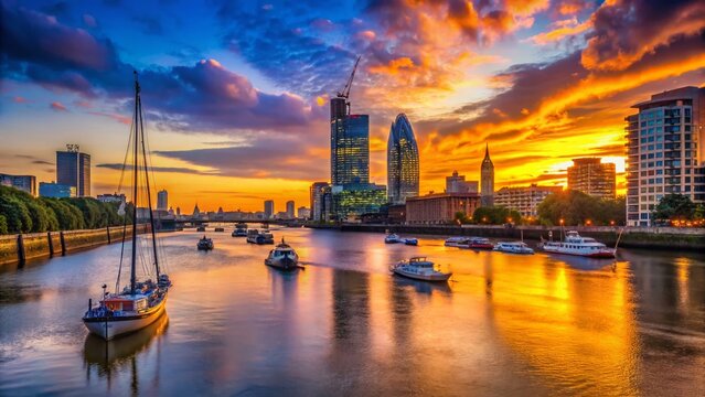 London Thames River Silhouette: Sailboats, Nine Elms, US Embassy