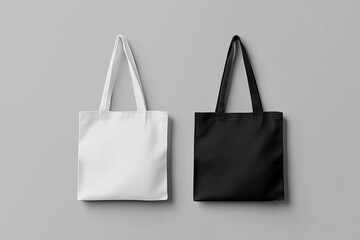 Blank Tote Bags, Black & White, Gray Background, Mockup