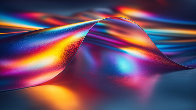 Abstrakte holografische Oberfl&auml;che mit lebhaften Regenbogenfarben in Rot, Blau, Orange und Gelb. Die geschwungene, reflektierende Struktur erzeugt flie&szlig;ende Lichtspiele und futuristische Farbverl&auml;ufe 