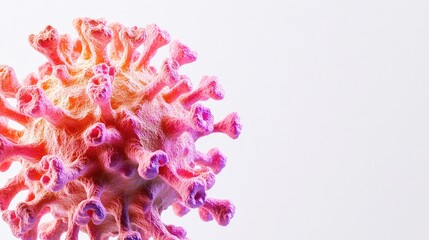 macro shot of intricate colorful virus model against stark white background showcasing its surface proteins with ample