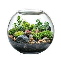 Green succulent terrarium bowl with rocks and soil isolated on transparent background, PNG