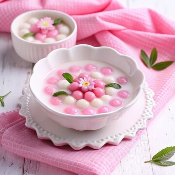 delicate Thai dessert, Bua Loy, is beautifully presented in white bowl with pink and white glutinous rice balls, garnished with flower and mint leaves, set on pink cloth
