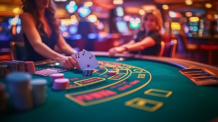 Women playing blackjack with cards and chips on a green felt table in a lively casino with bright lights