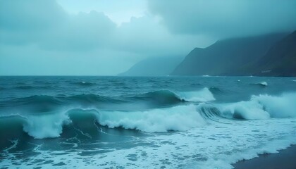 Obraz premium Un espectacular paisaje marino bajo un cielo tormentoso, con una vasta extensión de océano turbulento en primer plano. El agua es de un azul profundo y oscuro, con crestas blancas y olas espumosas