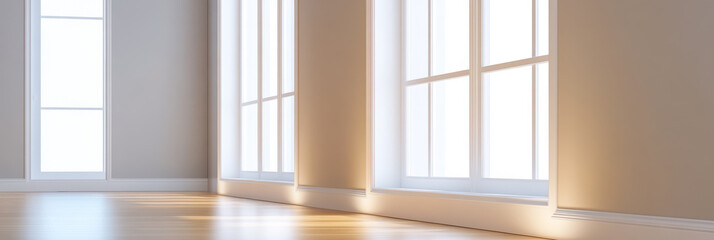 Elegant empty room with large windows allowing natural light in bright setting