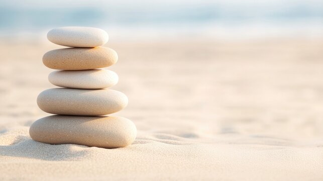 perfectly balanced stack of smooth decorative stones on gentle sandy beach with ample copy space