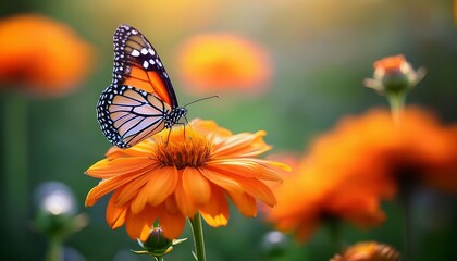 Obraz premium Macro shot of a butterfly resting on a bright orange flower, sharp focus on intricate wing patterns and soft, iridescent details, with a blurred green meadow in the background.