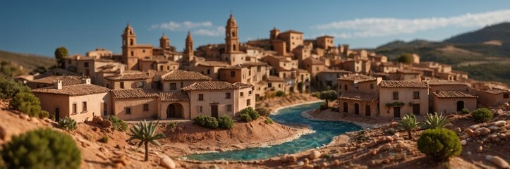 Fototapeta premium Serene Riverside Village. Tile Roofs, Towers, and Tranquil Waterway