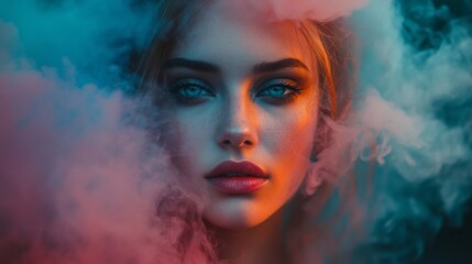 A mesmerizing woman stands amidst vibrant clouds of pink and blue smoke, her striking eyes and natural beauty radiating in the enchanting twilight ambiance