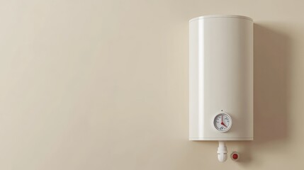 Traditional electric water heater with a thermostat dial mounted on a neutral-toned wall.