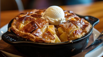A warm apple pie with a flaky crust served with a scoop of vanilla ice cream.