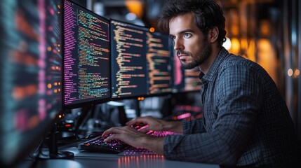 A man in a plaid shirt coding on multiple monitors displaying colorful code in a dimly lit tech room