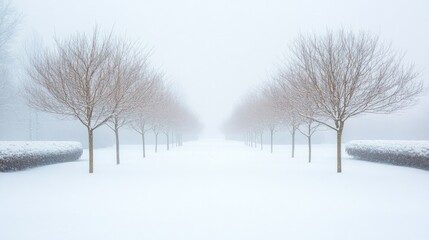 serene winter garden dusted with fresh snow featuring elegantly bare trees and dormant plants capture tranquil beauty