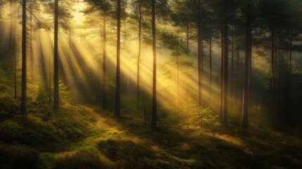 Naklejka premium Soft, diffused golden light beams shining through black darkness, elegant contrast