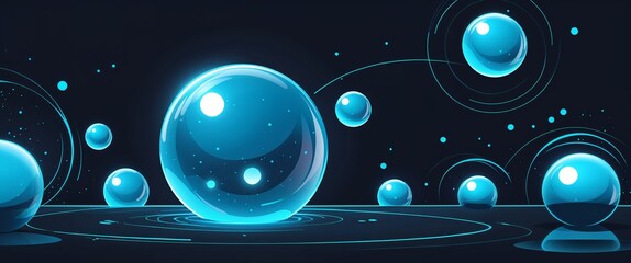 cyan glowing orbs abstract cartoon on plain dark black background illustration
