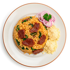 Brazilian food with rice  sausage  and greens