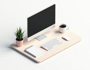 Minimalist Workspace Computer, Keyboard, Mouse, Coffee, Plant