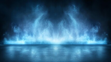 Performance stage on asphalt road Abstract light in a dark empty street and the smoke rising in the background of the nightscape