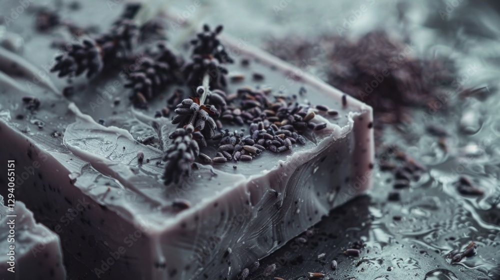Poster lavender soap bar features a smooth surface adorned with dried lavender sprigs. soft lighting enhanc