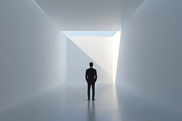 A man standing in a well lit white corridor looking ahead