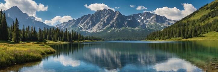 Serene Mountains Lake Reflection. Tranquil Scenery with Evergreen Trees, Blue Sky, and Mountain View