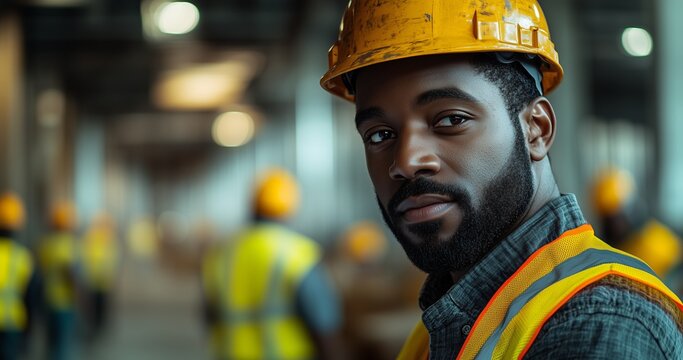 A man in a yellow hard hat and vest overseeing a team of workers in a spacious warehouse environment