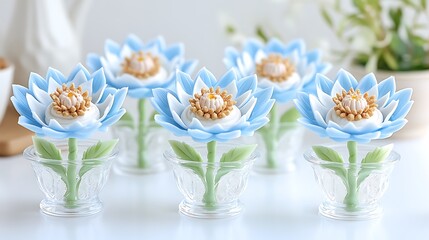 Obraz premium Elegant Blue and White Sugar Flower Arrangements in Glass Pots Perfect for Weddings or Parties