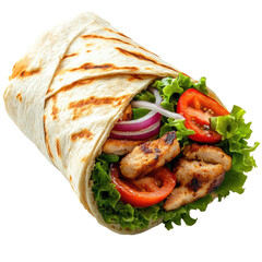 Grilled chicken wrap with fresh vegetables and lettuce isolated on transparent background, PNG