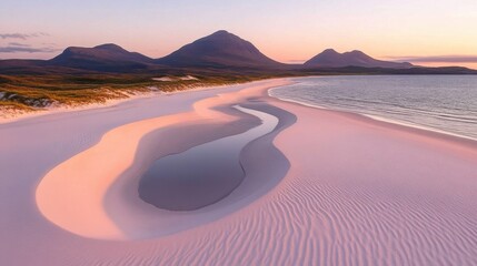 Soft waves rolling onto the shore, white sand glowing as the sunset paints the sky with color