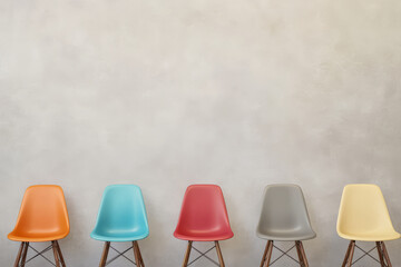 Colorful retro stools lined up against a neutral wall in a minimalistic space