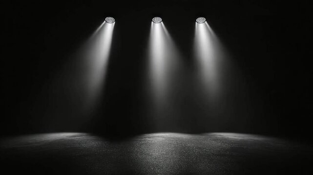 Animated background of three spotlights on stage in a dark room