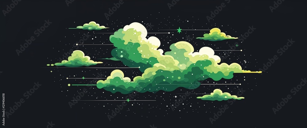 Wall mural green nebula space clouds abstract cartoon on plain dark black background illustration