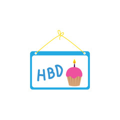 Flat vector illustration of a hanging birthday sign with the letters HBD and a pink cupcake with a candle, perfect for party invitations, celebration graphics, or birthday-themed designs