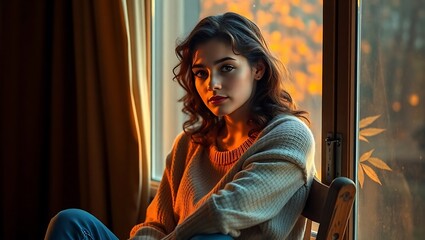 Obraz premium Pensive Woman Gazing Out Window with Autumn Leaves Reflection – Concept of Reflection and Contemplation