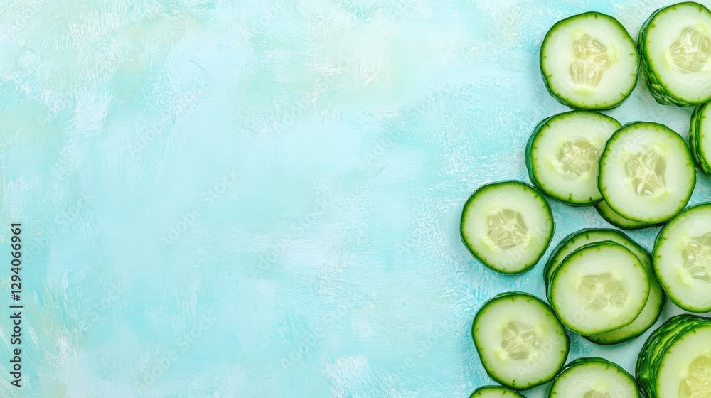Poster vibrant rendering of sliced cucumbers arranged in geometric grid pattern set against textured abstra