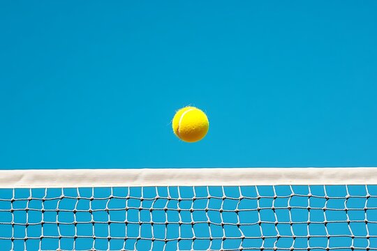 A Yellow Tennis Ball Hovers Above a White Net and Blue Sky