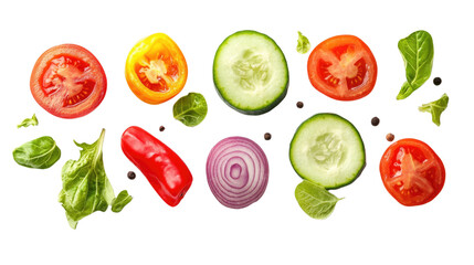 Naklejka premium Fresh assorted vegetables including tomatoes, cucumber, bell pepper, onion, and lettuce isolated on transparent background, PNG