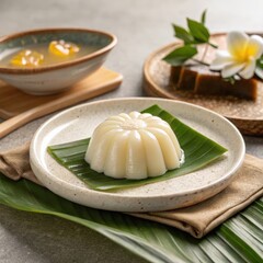 Delicately molded coconut milk jelly on banana leaf, with tropical decor