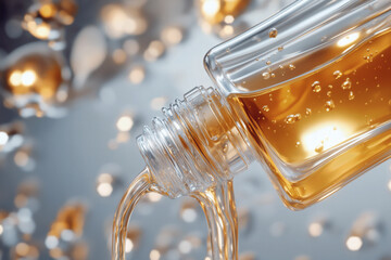 Golden liquid pouring from clear bottle