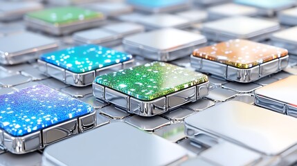 Abstract Technology Background Colorful Glittering Chrome Blocks on Silver Grid