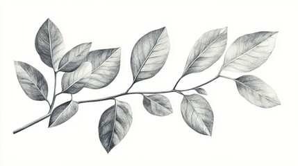 Fototapeta premium Sketch of a botanical branch with detailed leaves in an elegant black and white hand-drawn illustration