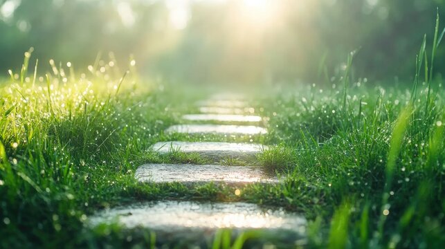 barefoot steps on dewy grass illuminated by warm morning sunlight creating serene natural scene