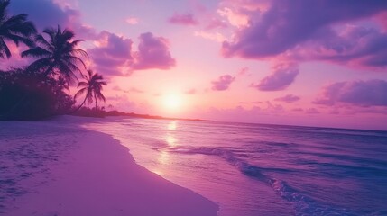 The ocean turning shades of purple and pink as the sunset lights up the white sand beach