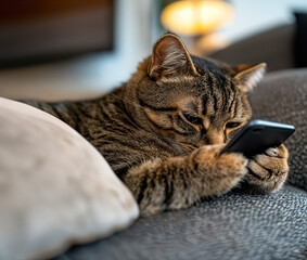Chat tigré avec smartphone allongé sur un canapé