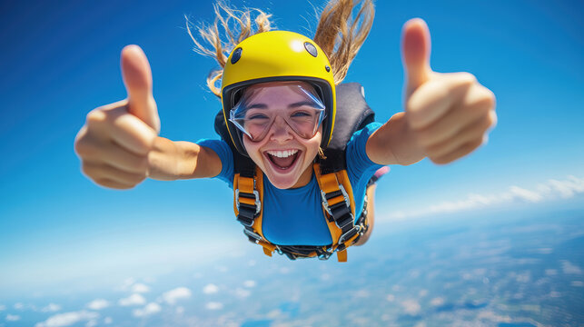Femme souriante faisant un saut en parachute avec pouces en l'air