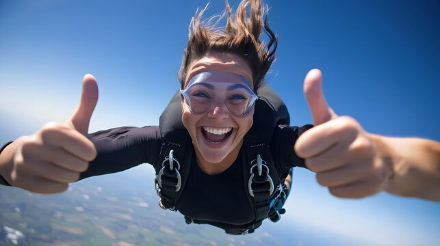 Femme souriante faisant un saut en parachute avec pouces en l'air