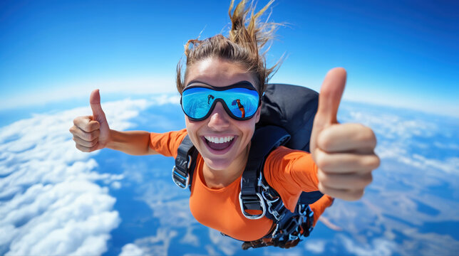 Femme souriante faisant un saut en parachute avec pouces en l'air